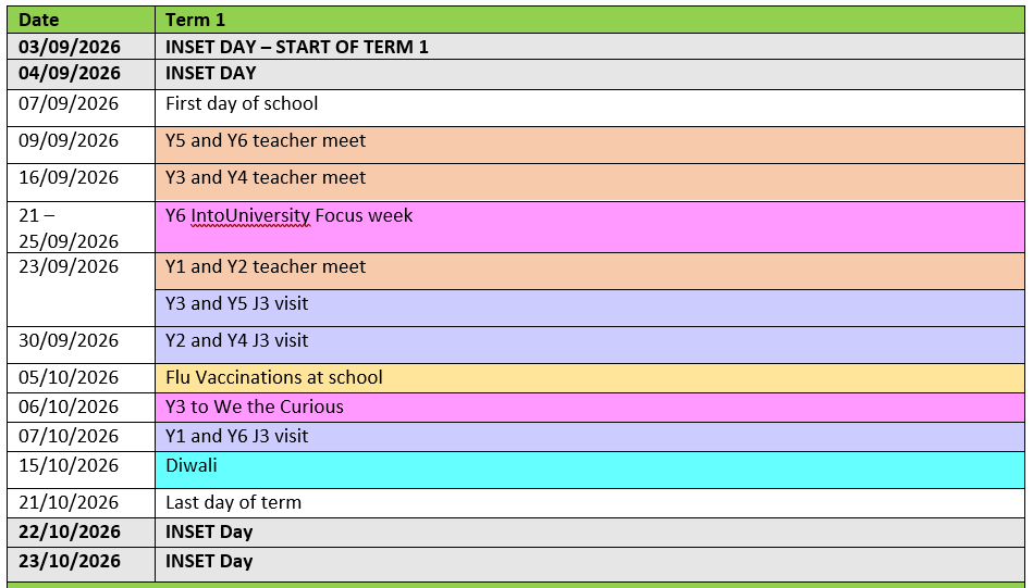 Calendar of events - Term 1